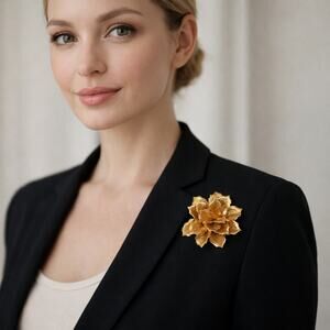 Vintage 60s Gold Tone Floral Brooch Pin  Mid Century Flower Statement